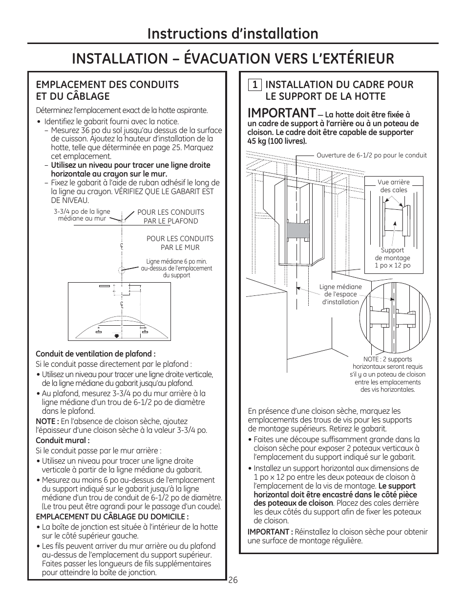 Instructions d’installation, Installation – évacuation vers l’extérieur, Important | Emplacement des conduits et du câblage | GE ZV750SPSS User Manual | Page 26 / 56