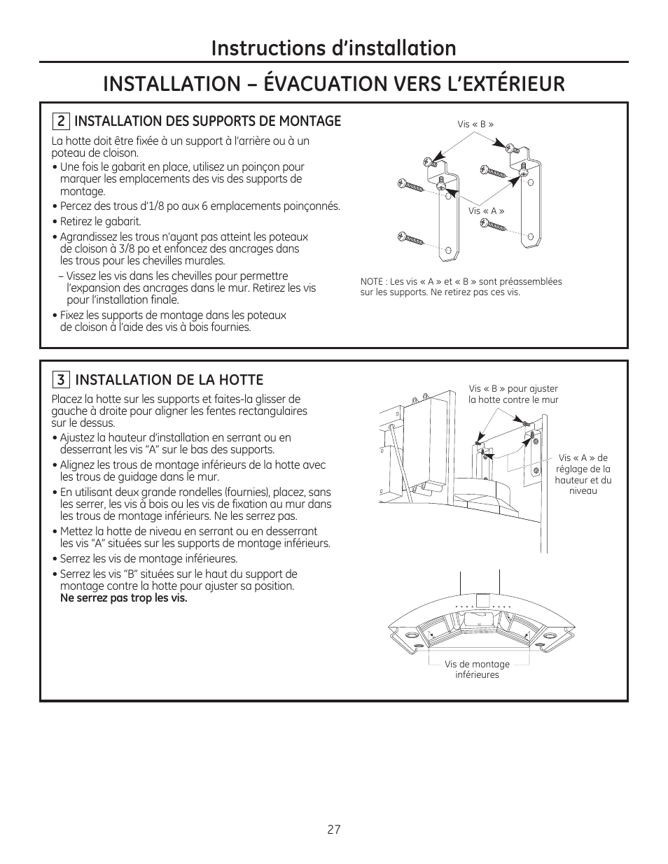 2 installation des supports de montage, 3 installation de la hotte | GE ZV750SPSS User Manual | Page 27 / 56