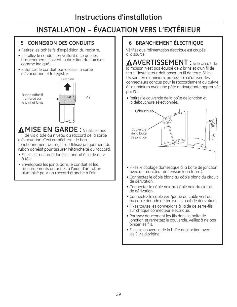 Mise en garde, Avertissement | GE ZV750SPSS User Manual | Page 29 / 56