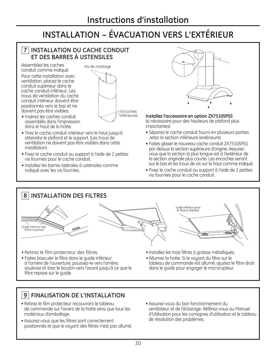 8 installation des filtres, 9 finalisation de l’installation | GE ZV750SPSS User Manual | Page 30 / 56