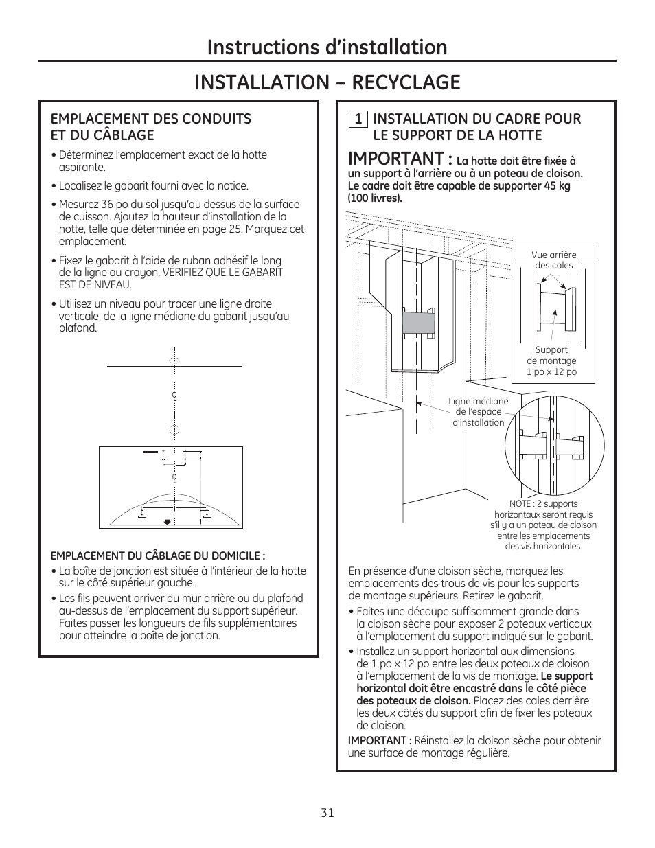 Important, Emplacement des conduits et du câblage | GE ZV750SPSS User Manual | Page 31 / 56