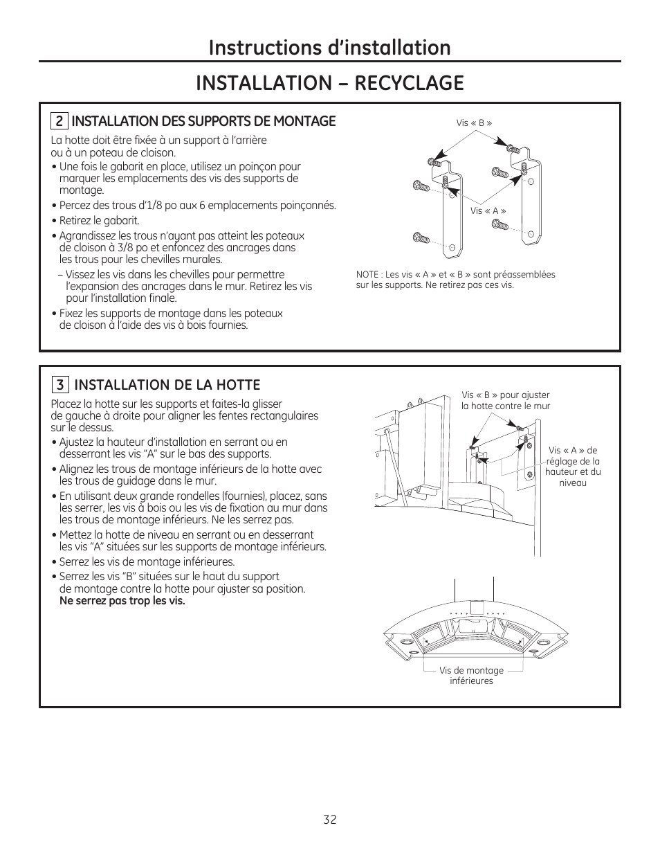 2 installation des supports de montage, 3 installation de la hotte | GE ZV750SPSS User Manual | Page 32 / 56