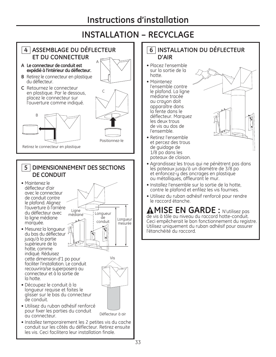 Mise en garde, 4 assemblage du déflecteur et du connecteur, 6 installation du déflecteur d’air | GE ZV750SPSS User Manual | Page 33 / 56
