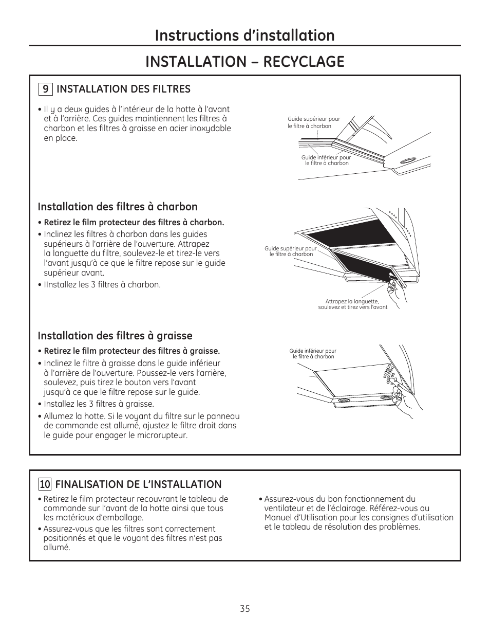 9 installation des filtres, Installation des filtres à charbon, Installation des filtres à graisse | 10 finalisation de l’installation | GE ZV750SPSS User Manual | Page 35 / 56