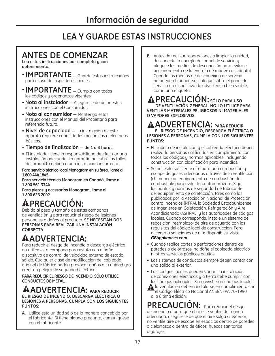 Información de seguridad antes de comenzar, Precaución, Advertencia | Lea y guarde estas instrucciones, Importante | GE ZV750SPSS User Manual | Page 37 / 56