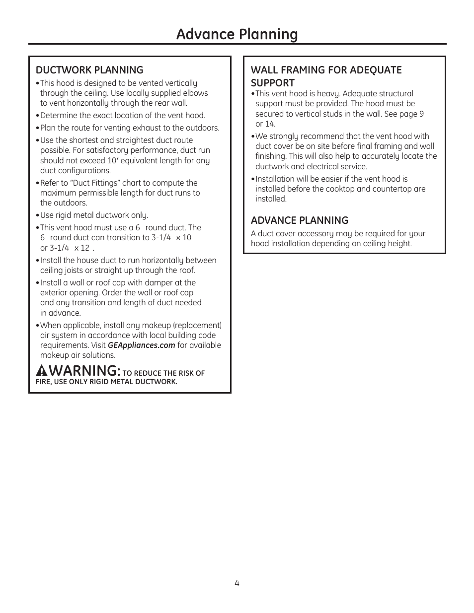 Advance planning, Warning | GE ZV750SPSS User Manual | Page 4 / 56