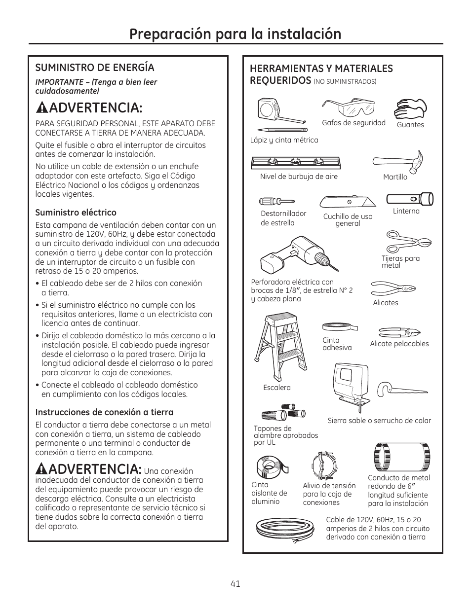 Preparación para la instalación, Advertencia, Suministro de energía | Herramientas y materiales requeridos | GE ZV750SPSS User Manual | Page 41 / 56