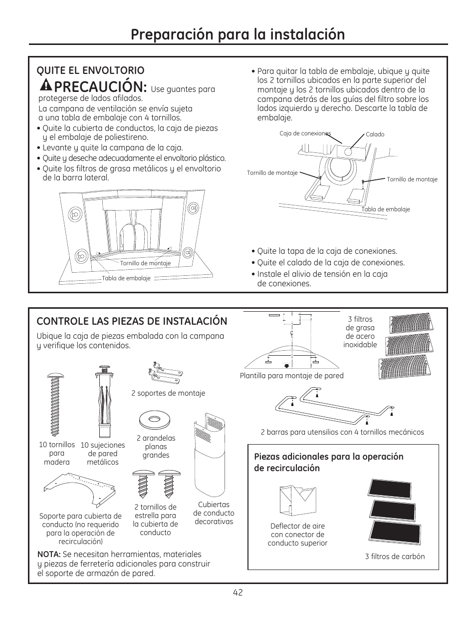 Preparación para la instalación, Precaución, Controle las piezas de instalación | Quite el envoltorio | GE ZV750SPSS User Manual | Page 42 / 56