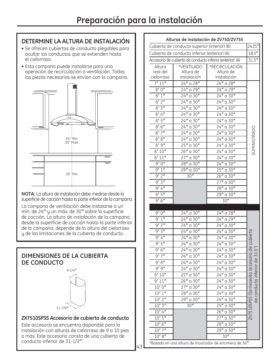 Preparación para la instalación, Determine la altura de instalación, Dimensiones de la cubierta de conducto | GE ZV750SPSS User Manual | Page 43 / 56