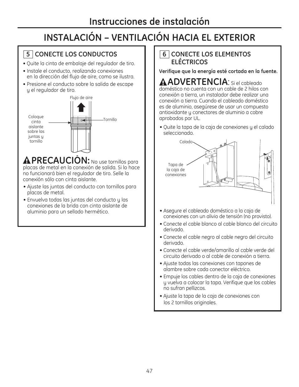 Precaución, Advertencia | GE ZV750SPSS User Manual | Page 47 / 56