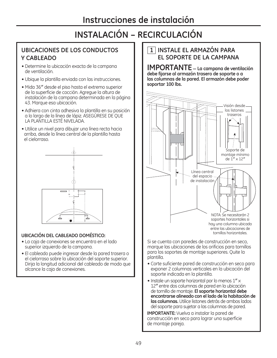Importante, Ubicaciones de los conductos y cableado, Instale el armazón para el soporte de la campana | GE ZV750SPSS User Manual | Page 49 / 56
