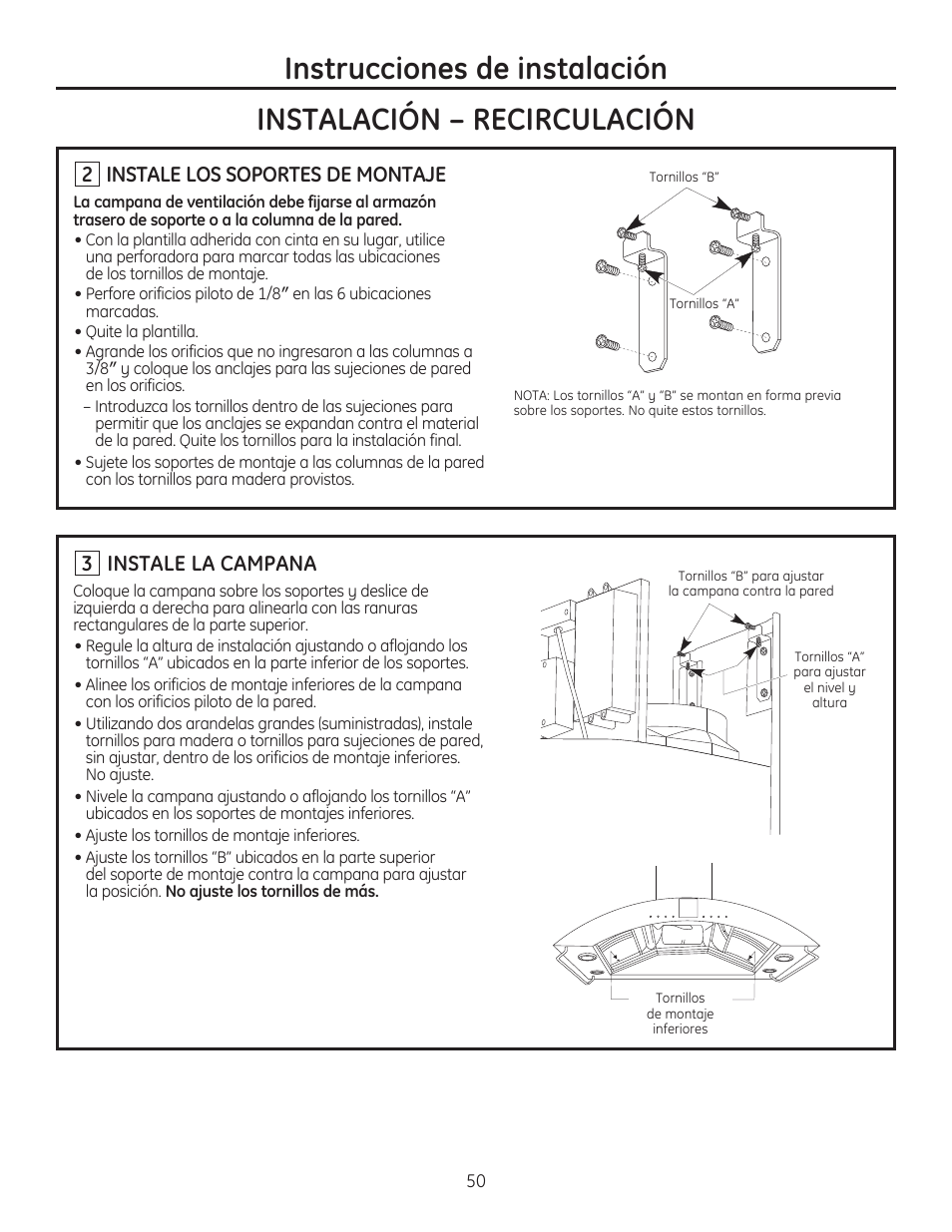 Instale los soportes de montaje, Instale la campana | GE ZV750SPSS User Manual | Page 50 / 56