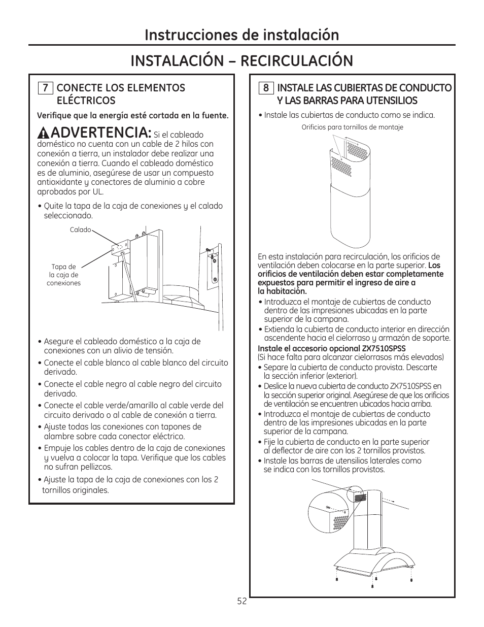 Advertencia | GE ZV750SPSS User Manual | Page 52 / 56