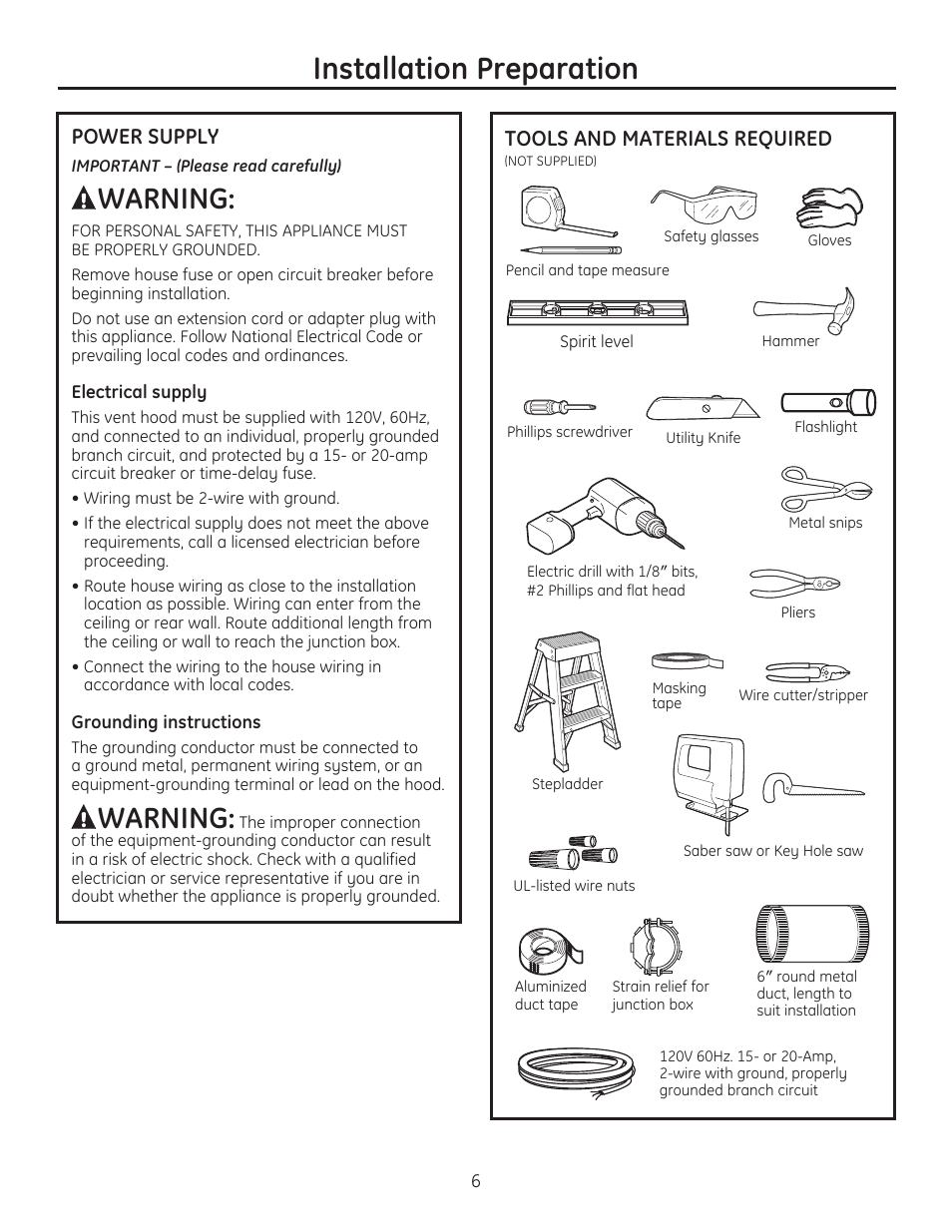 Installation preparation, Warning, Power supply | Tools and materials required | GE ZV750SPSS User Manual | Page 6 / 56