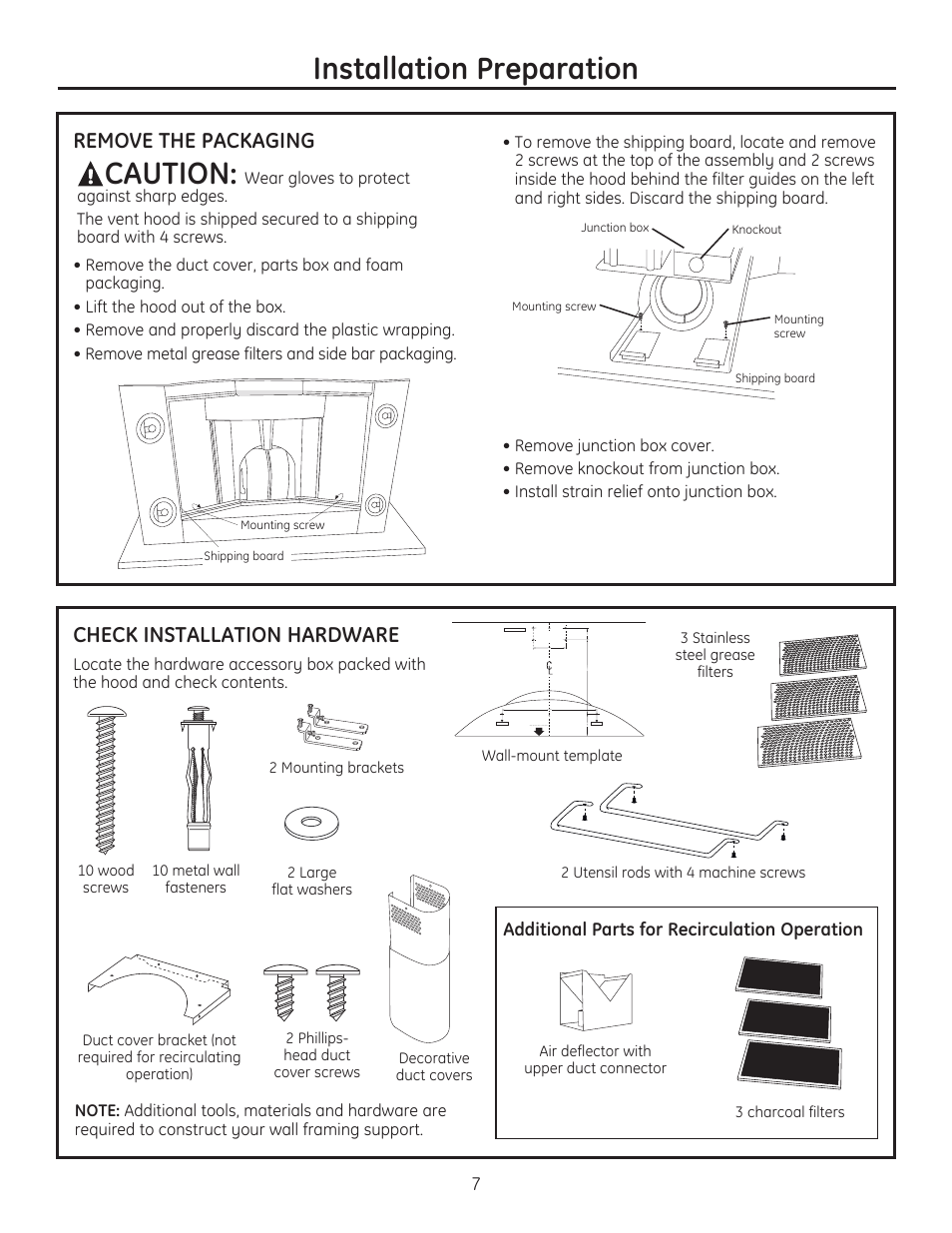 Installation preparation, Caution, Check installation hardware | Remove the packaging | GE ZV750SPSS User Manual | Page 7 / 56