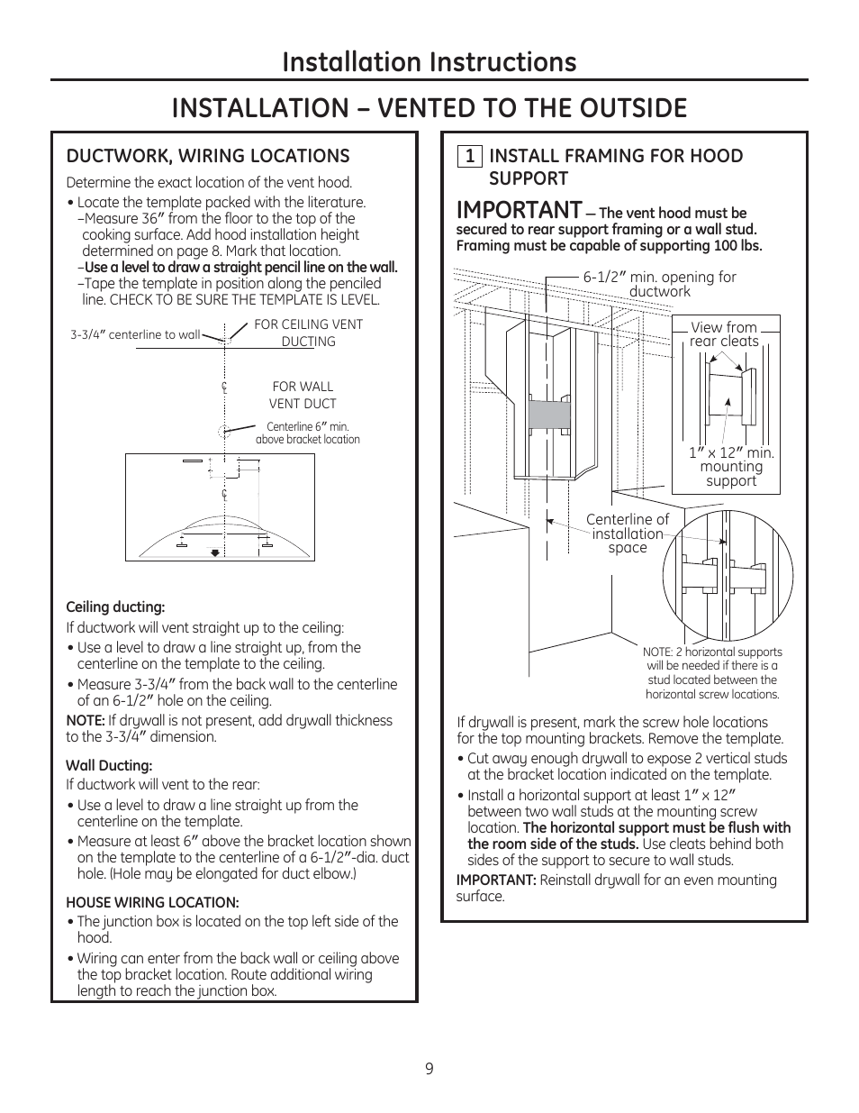 Installation instructions, Installation – vented to the outside, Important | Install framing for hood support, Ductwork, wiring locations | GE ZV750SPSS User Manual | Page 9 / 56