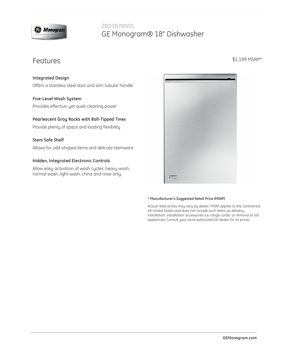 GE ZBD1870NSS User Manual | 3 pages