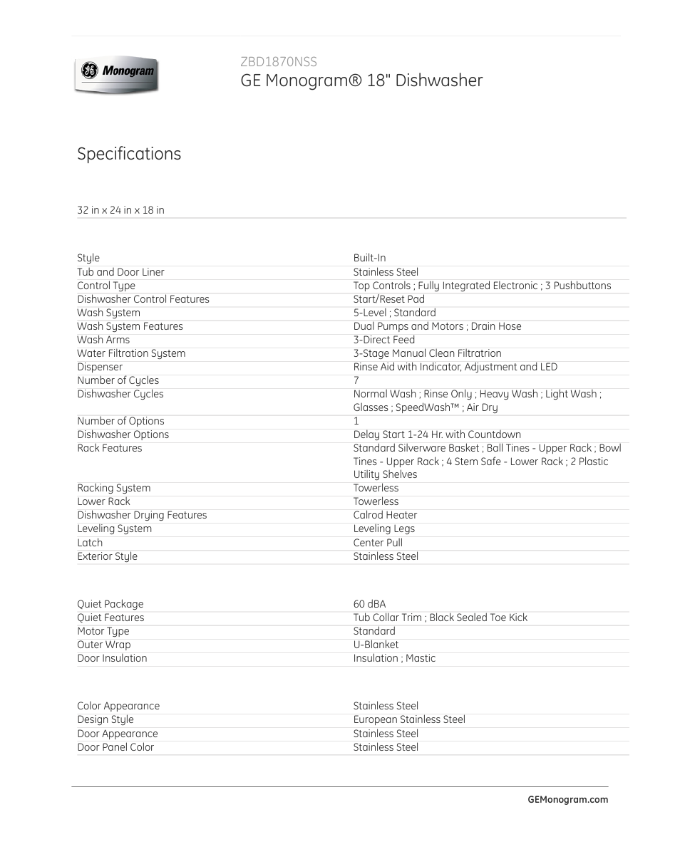 Ge monogram® 18" dishwasher, Specifications, Zbd1870nss | GE ZBD1870NSS User Manual | Page 2 / 3