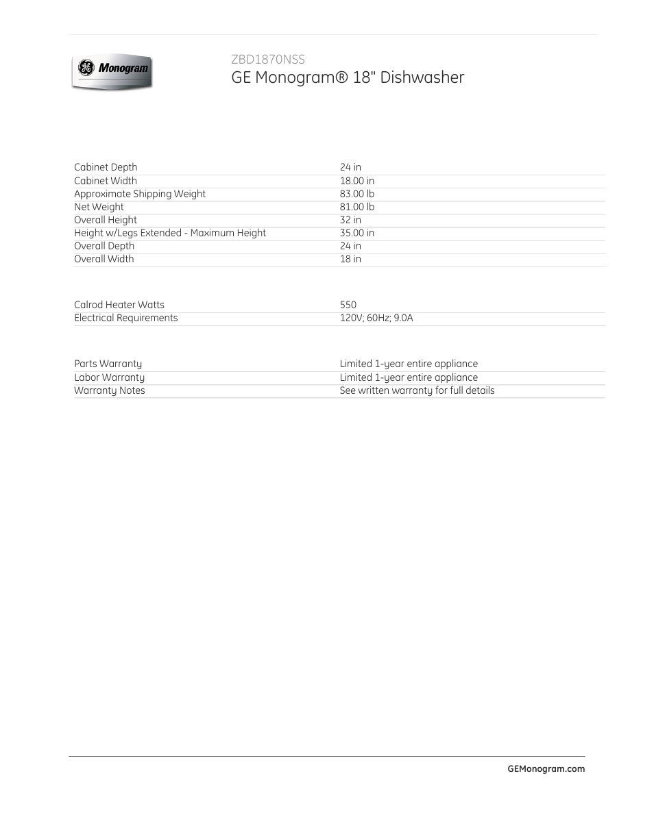 Ge monogram® 18" dishwasher, Zbd1870nss | GE ZBD1870NSS User Manual | Page 3 / 3