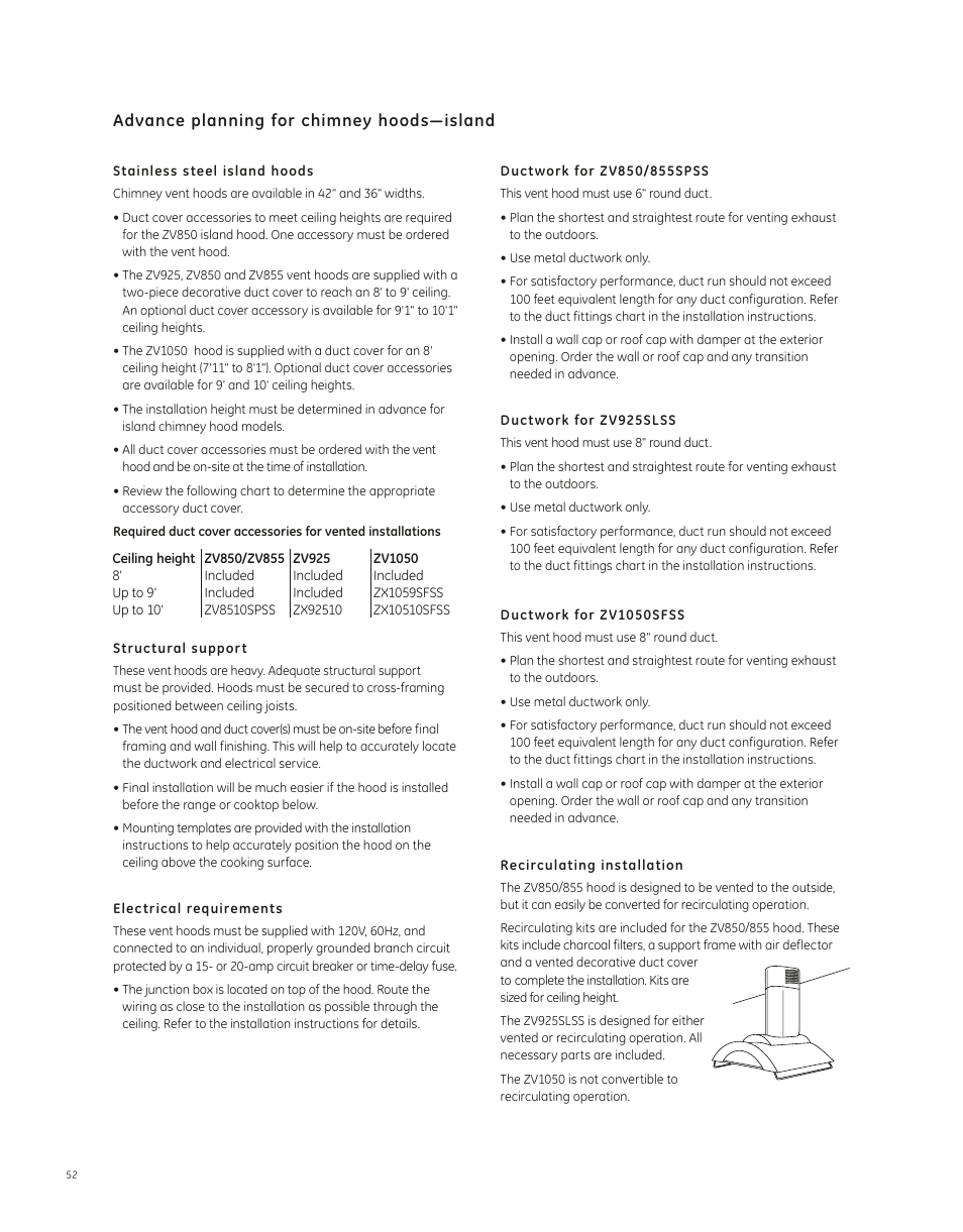 Advance planning for chimney hoods—island | GE ZV850SPSS User Manual | Page 2 / 7