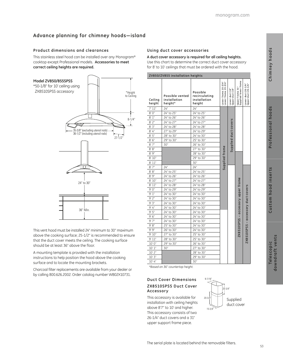 Advance planning for chimney hoods—island, Product dimensions and clearances, Using duct cover accessories | Supplied duct cover | GE ZV850SPSS User Manual | Page 3 / 7