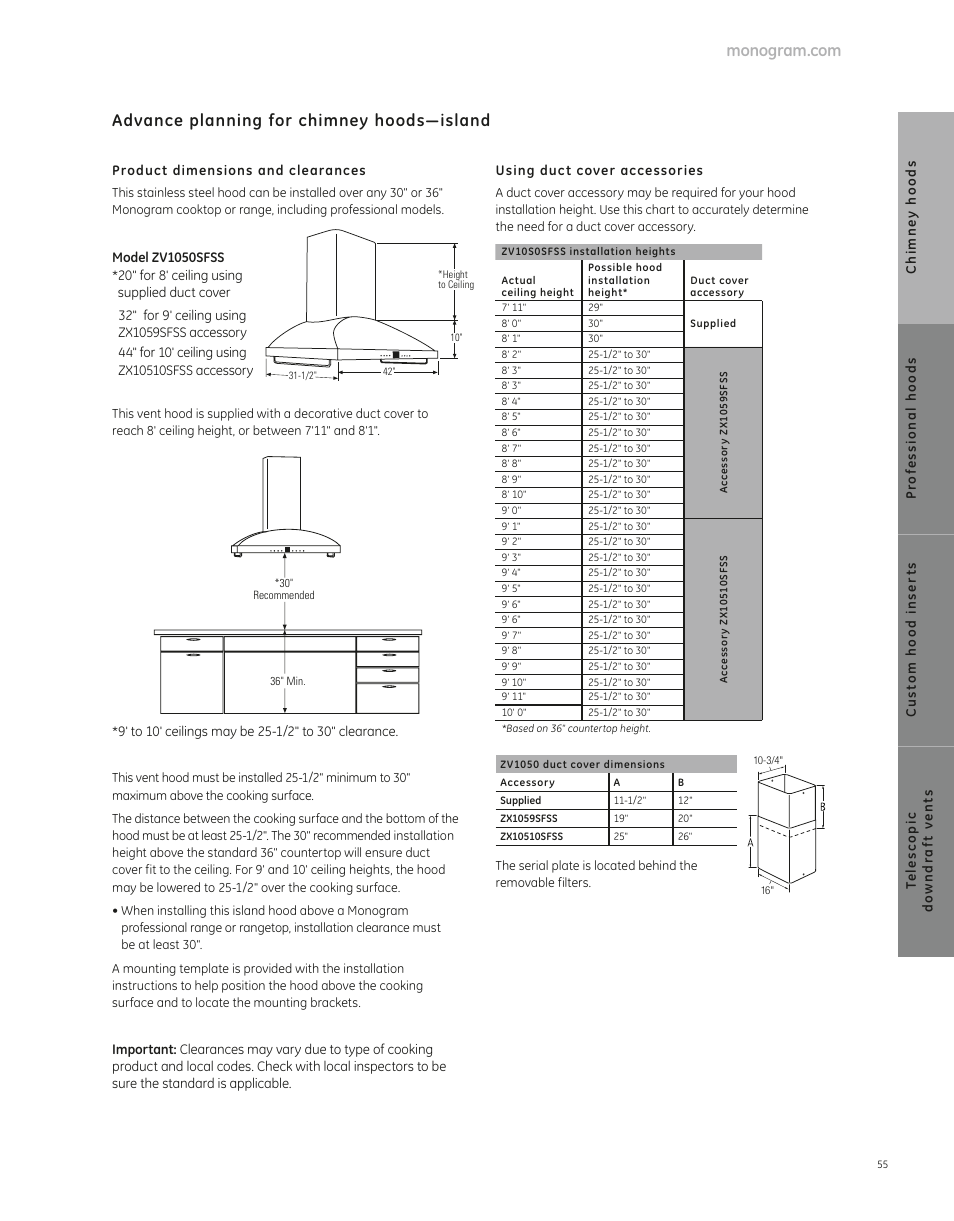 Advance planning for chimney hoods—island | GE ZV850SPSS User Manual | Page 5 / 7