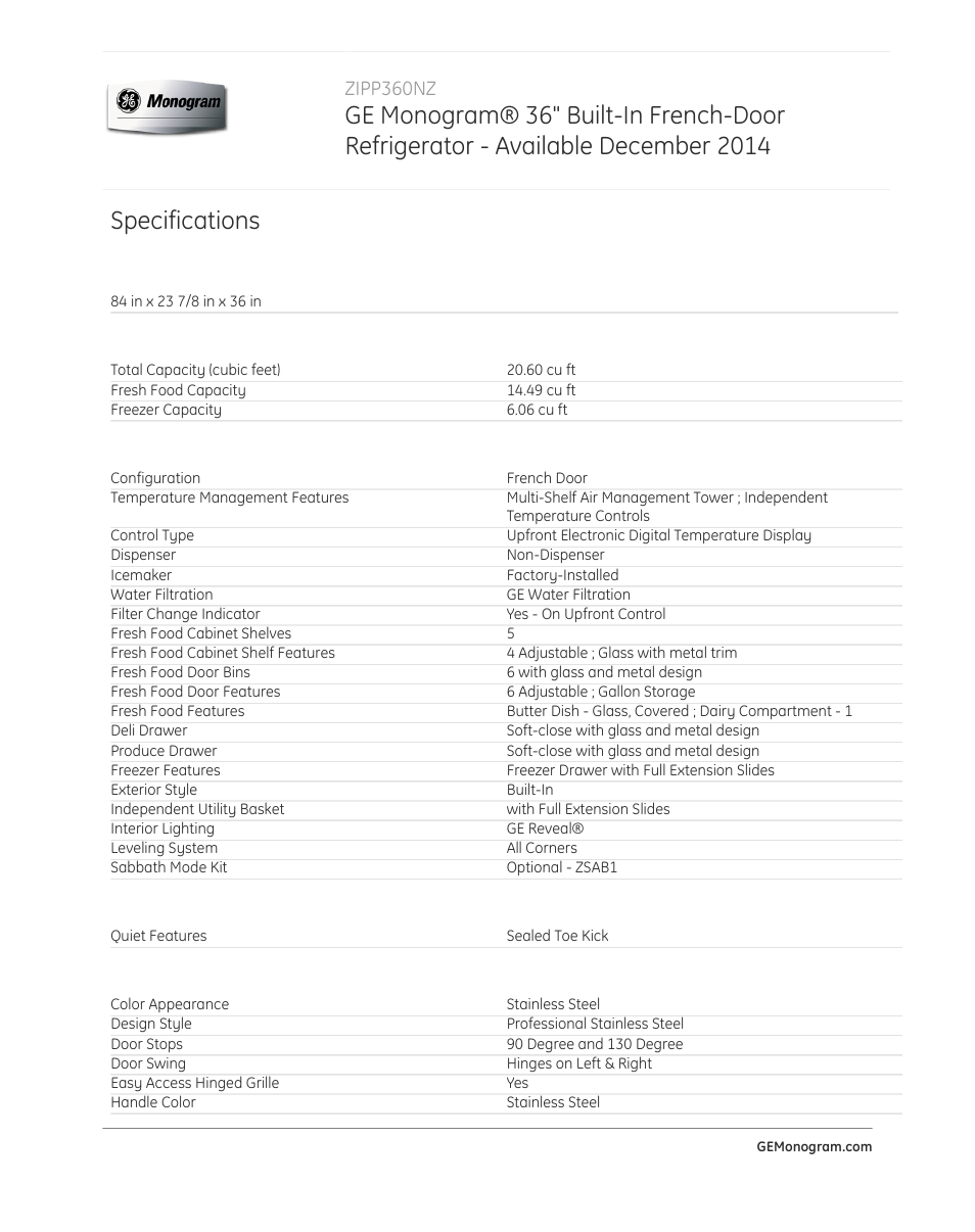 Specifications, Zipp360nz | GE ZIPP360NZ User Manual | Page 2 / 3