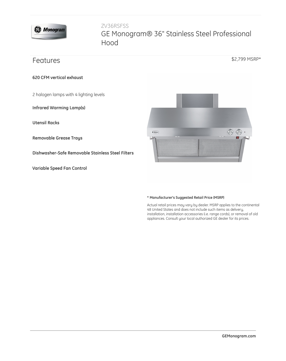 GE ZV36RSFSS User Manual | 3 pages
