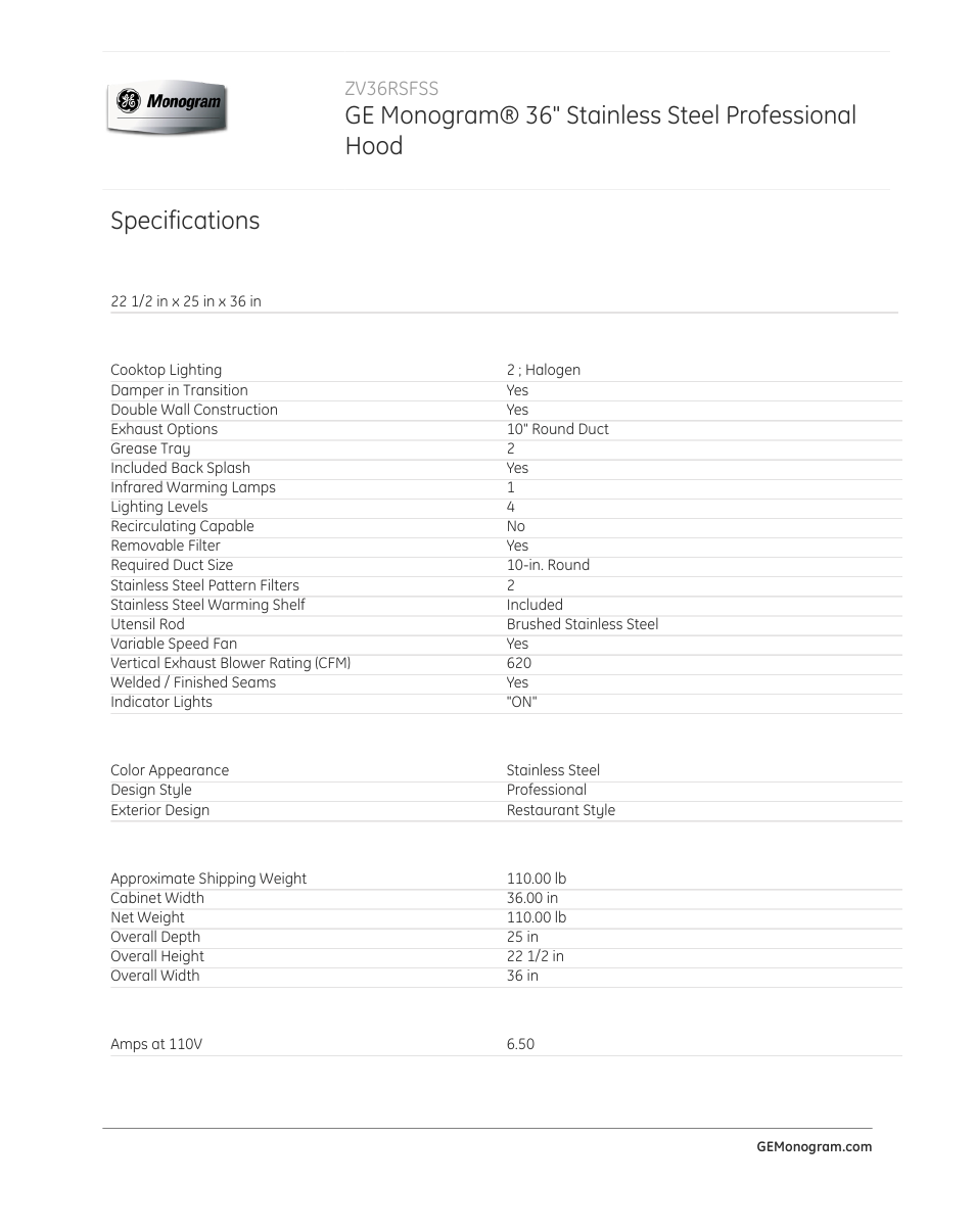 Ge monogram® 36" stainless steel professional hood, Specifications | GE ZV36RSFSS User Manual | Page 2 / 3