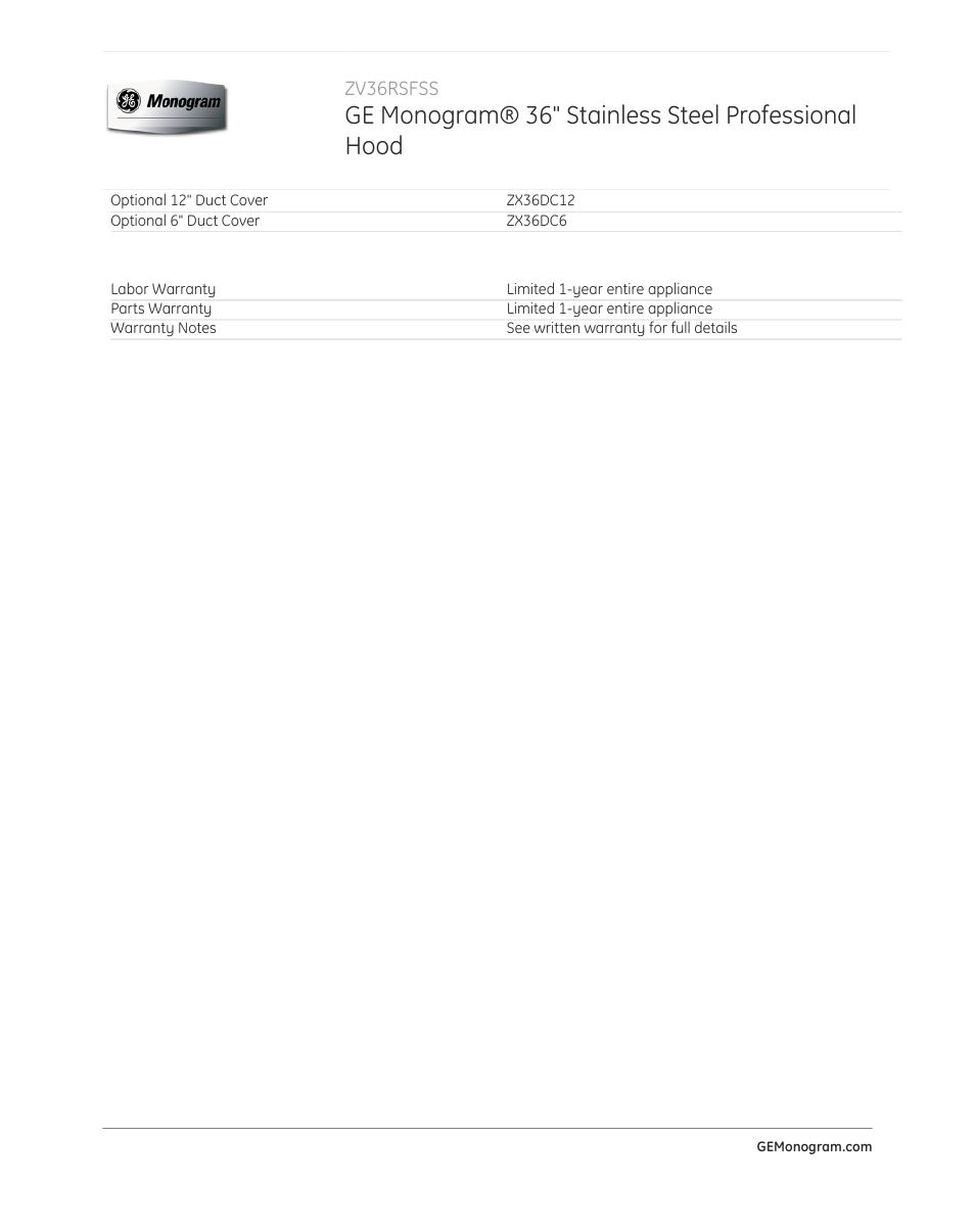 Ge monogram® 36" stainless steel professional hood | GE ZV36RSFSS User Manual | Page 3 / 3