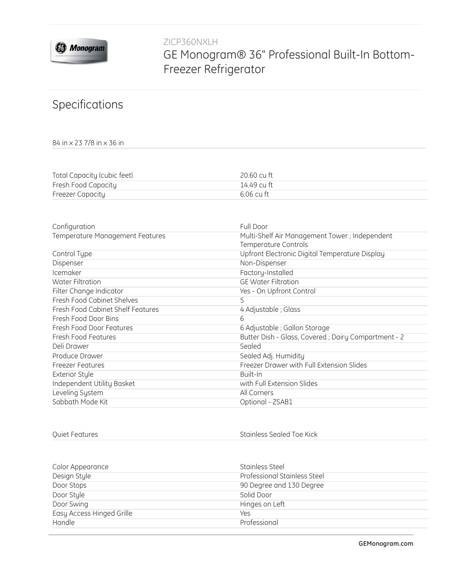 Specifications, Zicp360nxlh | GE ZICP360NXLH User Manual | Page 2 / 3