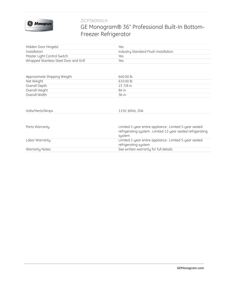 GE ZICP360NXLH User Manual | Page 3 / 3