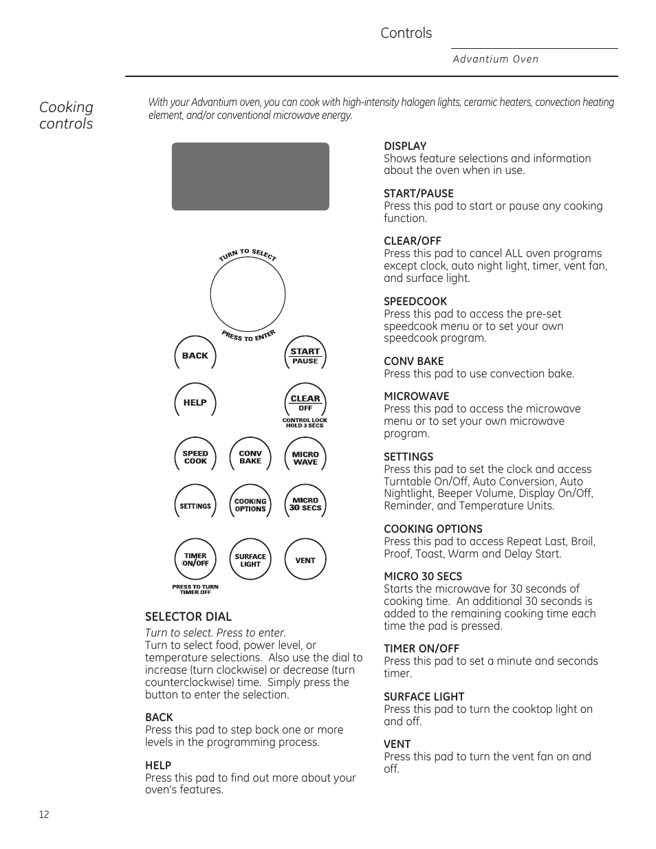 Display, Start/pause, Selector dial | Back, Help, Clear/off, Speedcook, Conv bake, Settings, Cooking options | GE ZSA1202RSS User Manual | Page 12 / 80