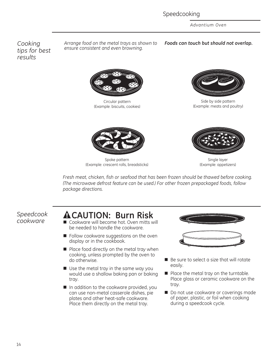 Acaution: burn risk, Cooking tips for best results, Speedcook cookware | Speedcooking | GE ZSA1202RSS User Manual | Page 14 / 80