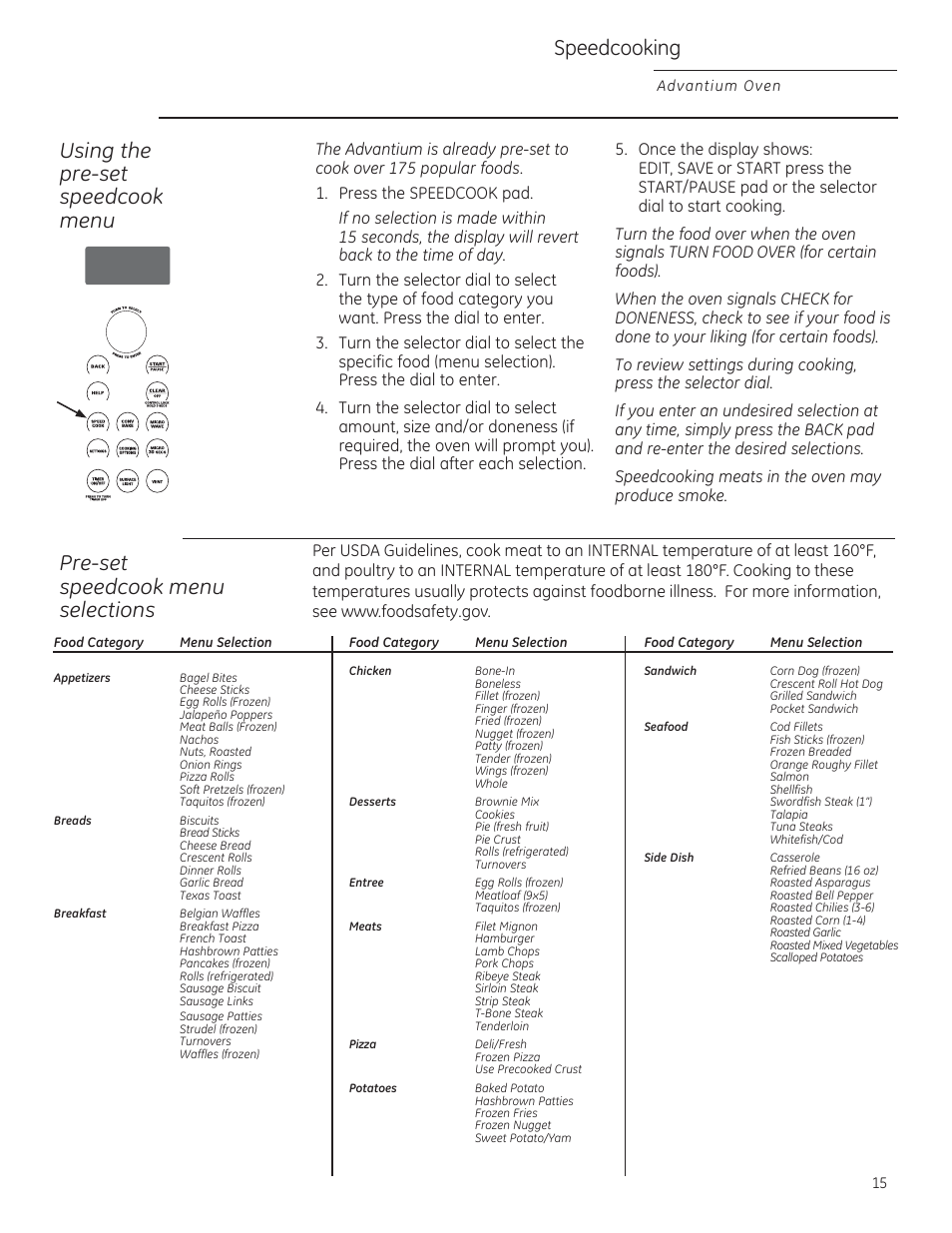 Using the pre-set speedcook menu, Pre-set speedcook menu selections, Speedcooking | GE ZSA1202RSS User Manual | Page 15 / 80