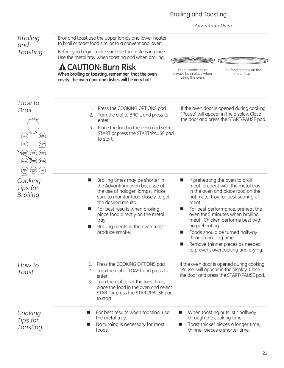 A caution: burn risk, How to broil, Cooking tips for broiling | How to toast, Cooking tips for toasting, Broiling and toasting | GE ZSA1202RSS User Manual | Page 21 / 80