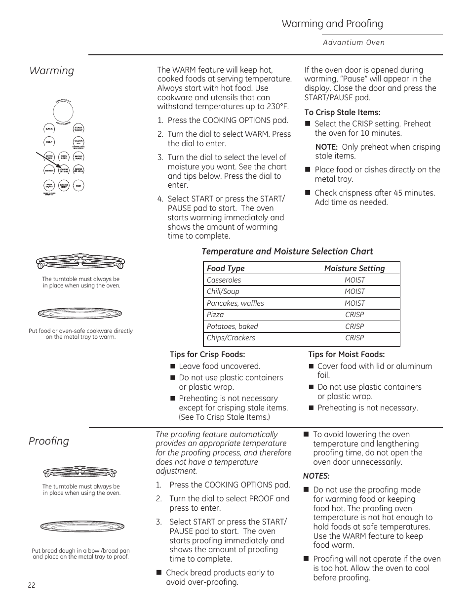 Warming, Proofing, Warming and proofing | GE ZSA1202RSS User Manual | Page 22 / 80