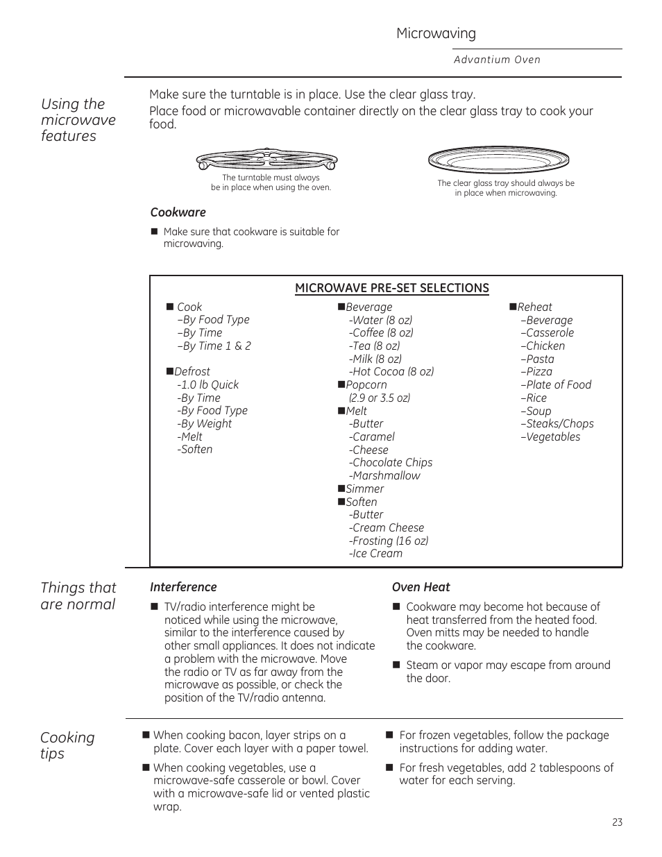 Using the microwave features, Things that are normal, Cooking tips | Microwaving | GE ZSA1202RSS User Manual | Page 23 / 80