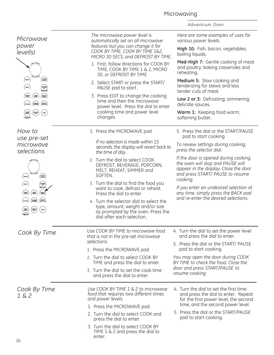 Microwave power level(s), How to use pre-set microwave seiections, Cook by time | Microwaving | GE ZSA1202RSS User Manual | Page 24 / 80