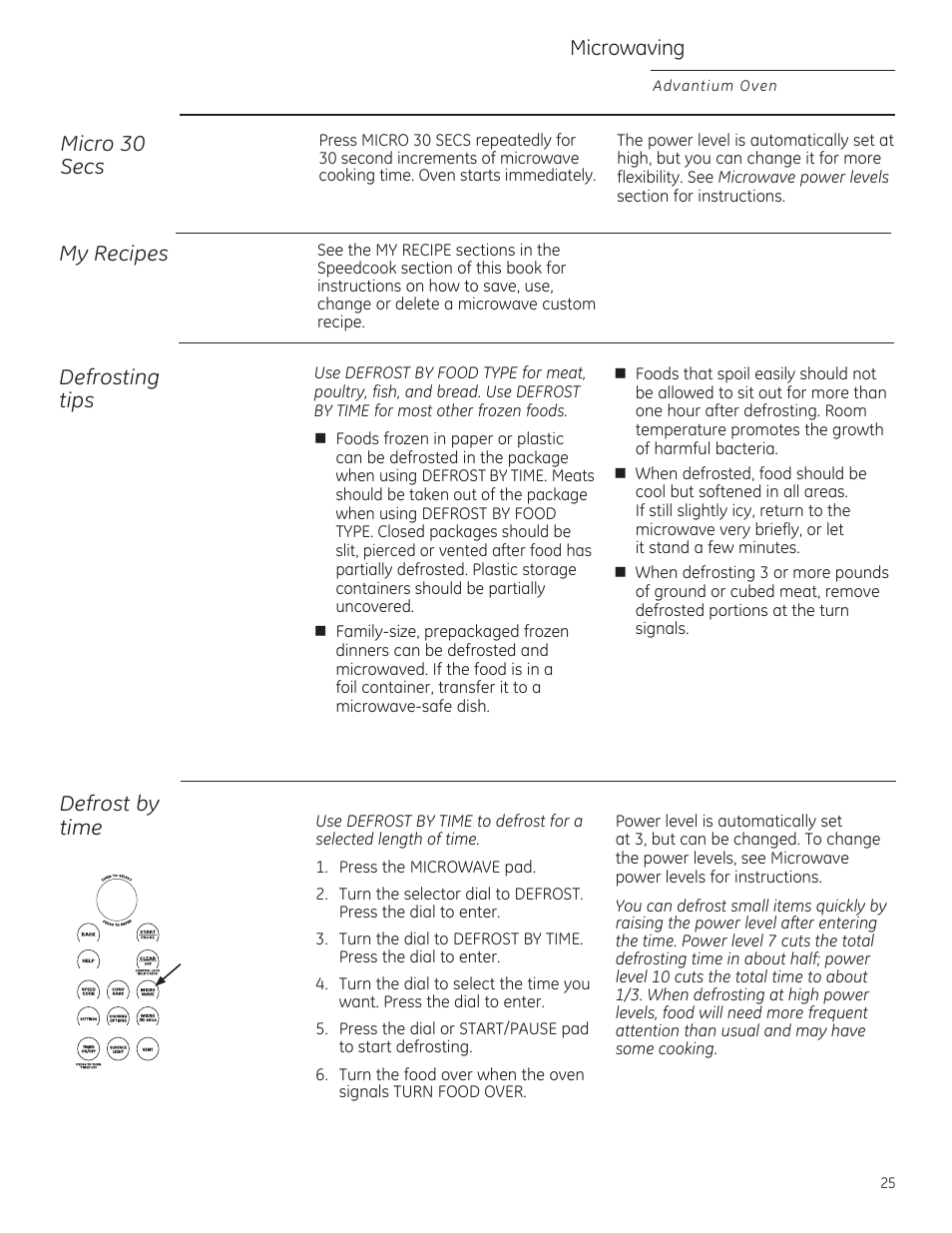 Micro 30 secs, My recipes, Defrosting tips | Defrost by time, Microwaving | GE ZSA1202RSS User Manual | Page 25 / 80