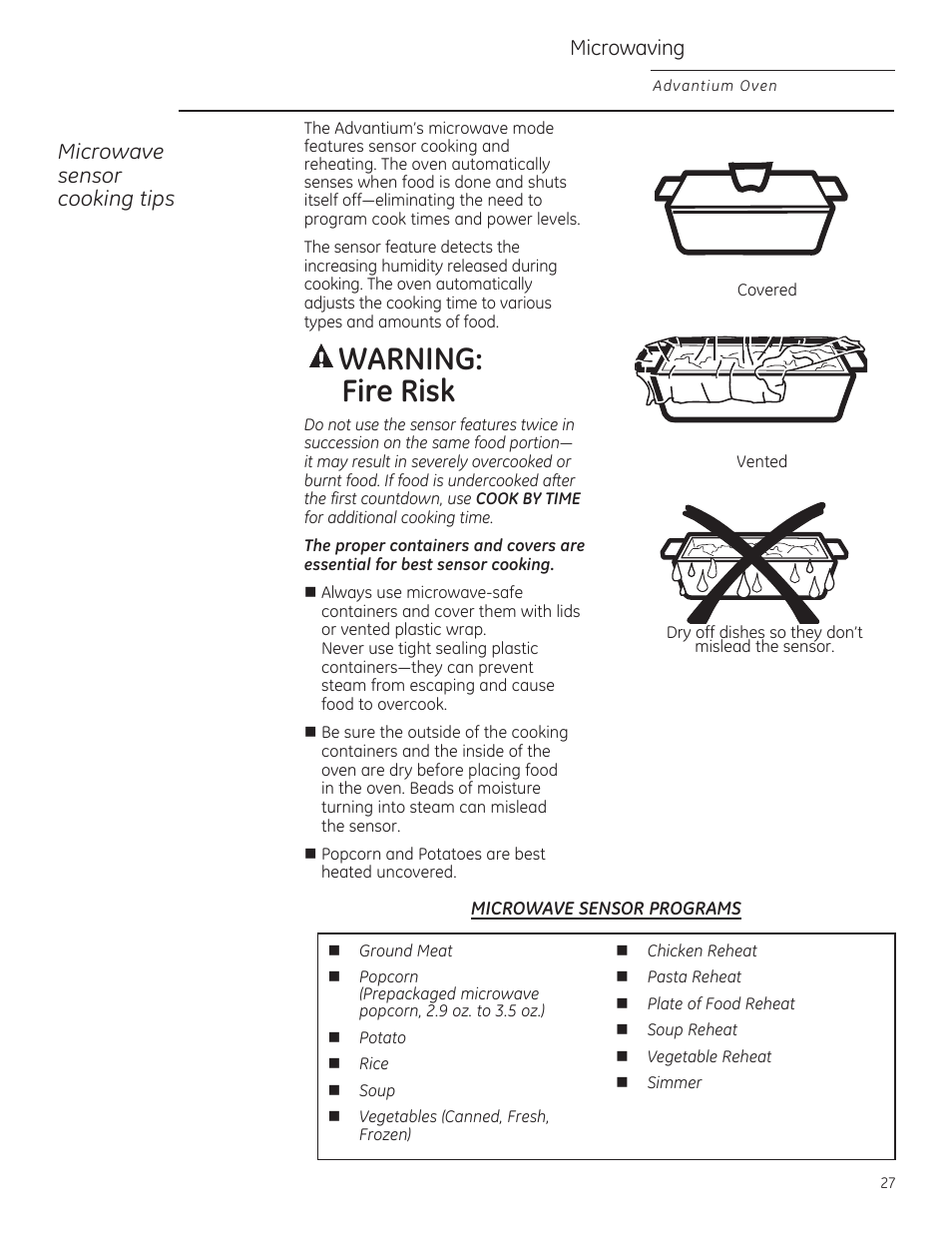 A warning: fire risk, Microwave sensor cooking tips | GE ZSA1202RSS User Manual | Page 27 / 80