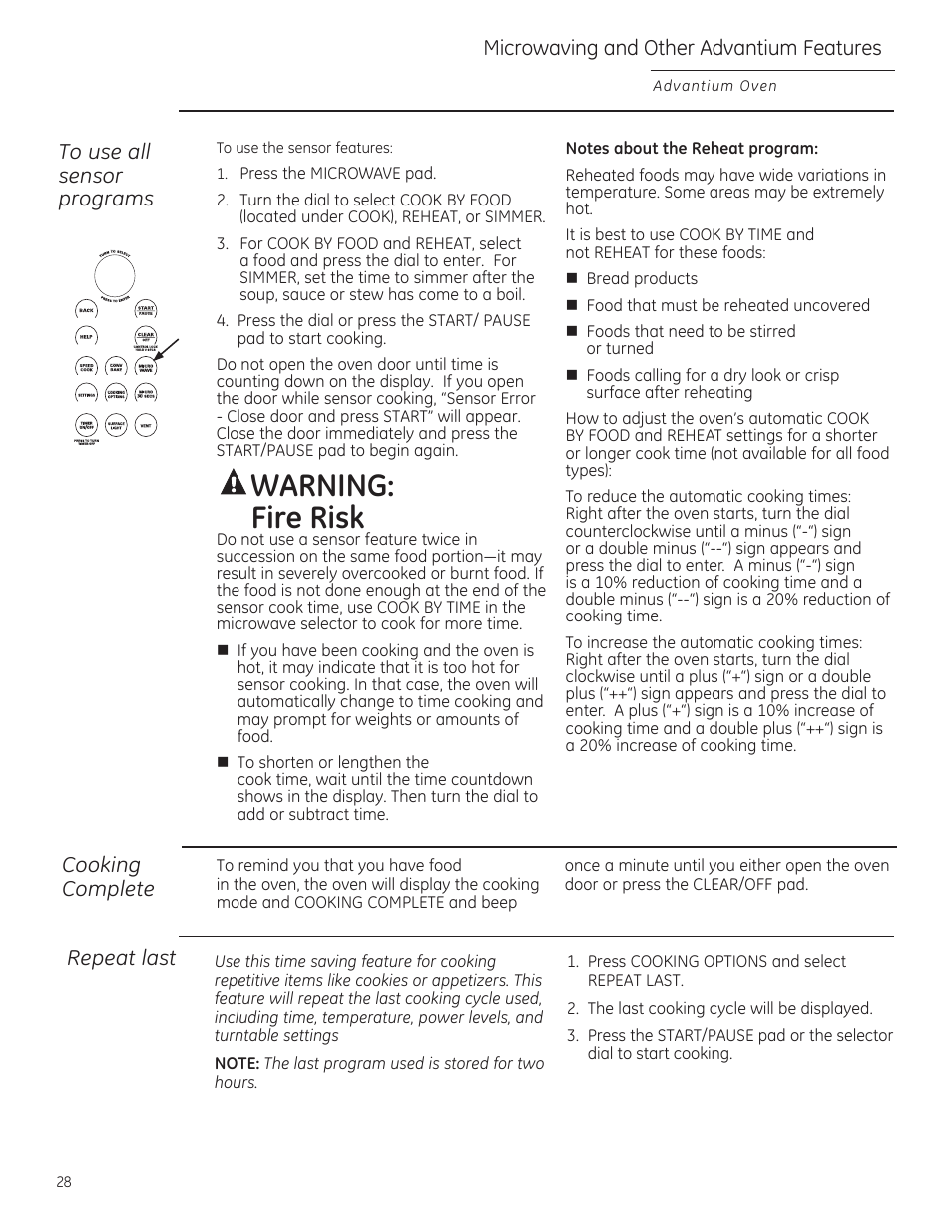 Arning: fire risk, Cooking complete, Repeat lost | GE ZSA1202RSS User Manual | Page 28 / 80