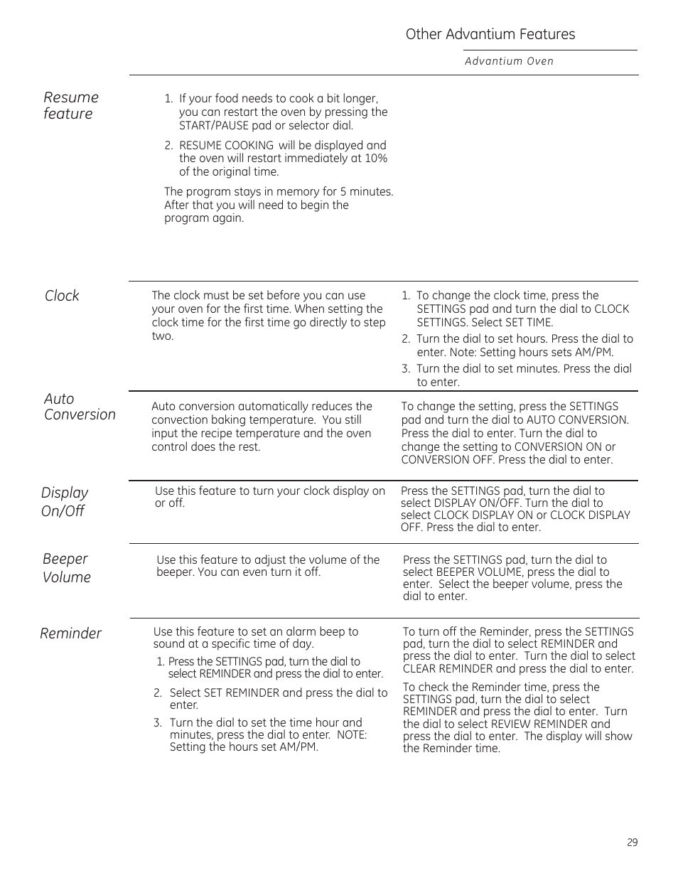 Resume feature, Clock, Auto conversion | Display on/off, Beeper volume, Reminder, Other advantium features | GE ZSA1202RSS User Manual | Page 29 / 80