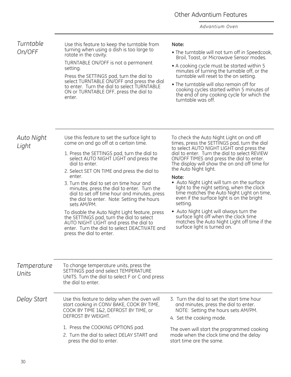 Turntable on/off, Auto night light, Temperature units | Delay start, Other advantium features | GE ZSA1202RSS User Manual | Page 30 / 80