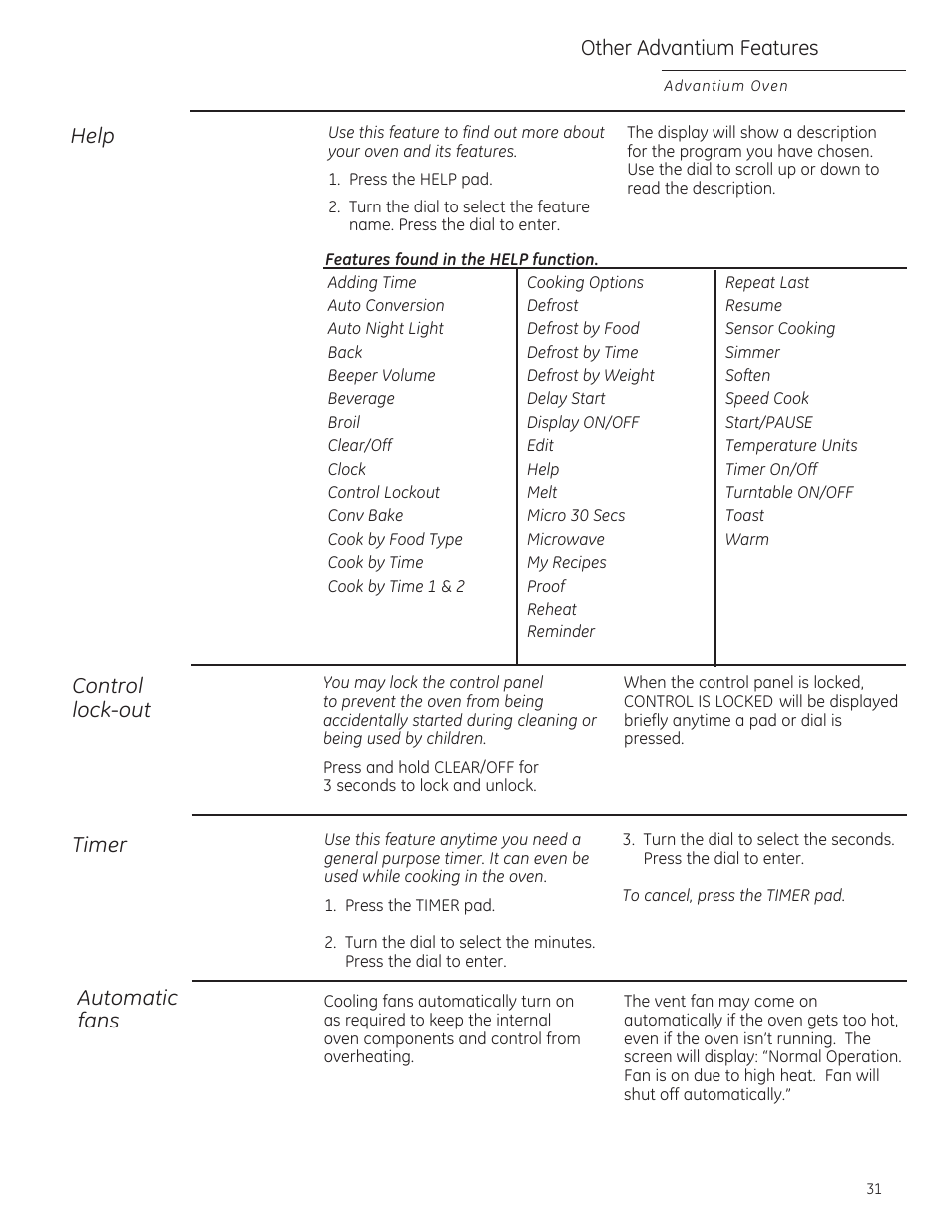 Help control lock-out, Timer, Automatic fans | Other advantium features | GE ZSA1202RSS User Manual | Page 31 / 80