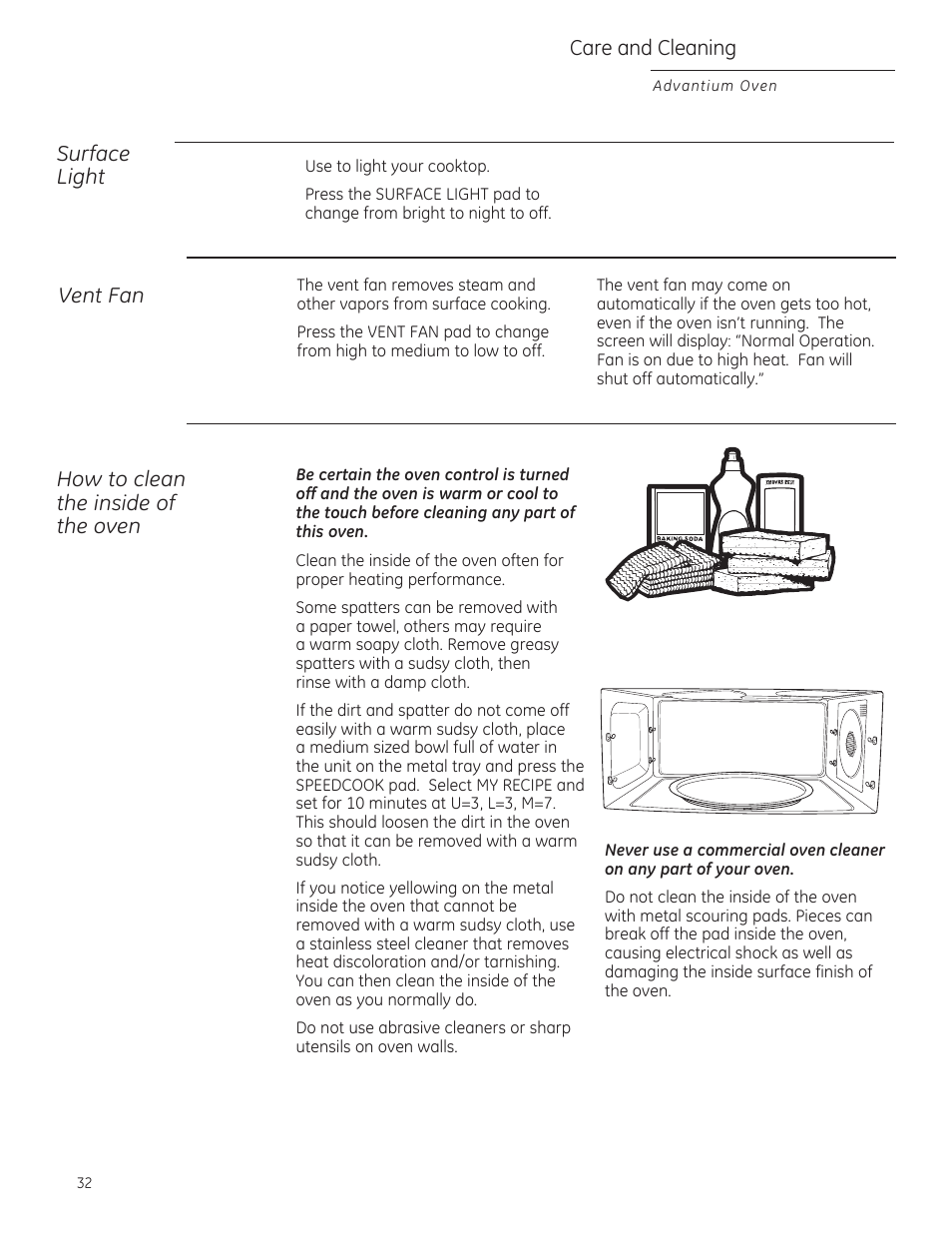 Surface light vent fan, Haw ta clean the inside af the aven, Саге and cleaning | GE ZSA1202RSS User Manual | Page 32 / 80