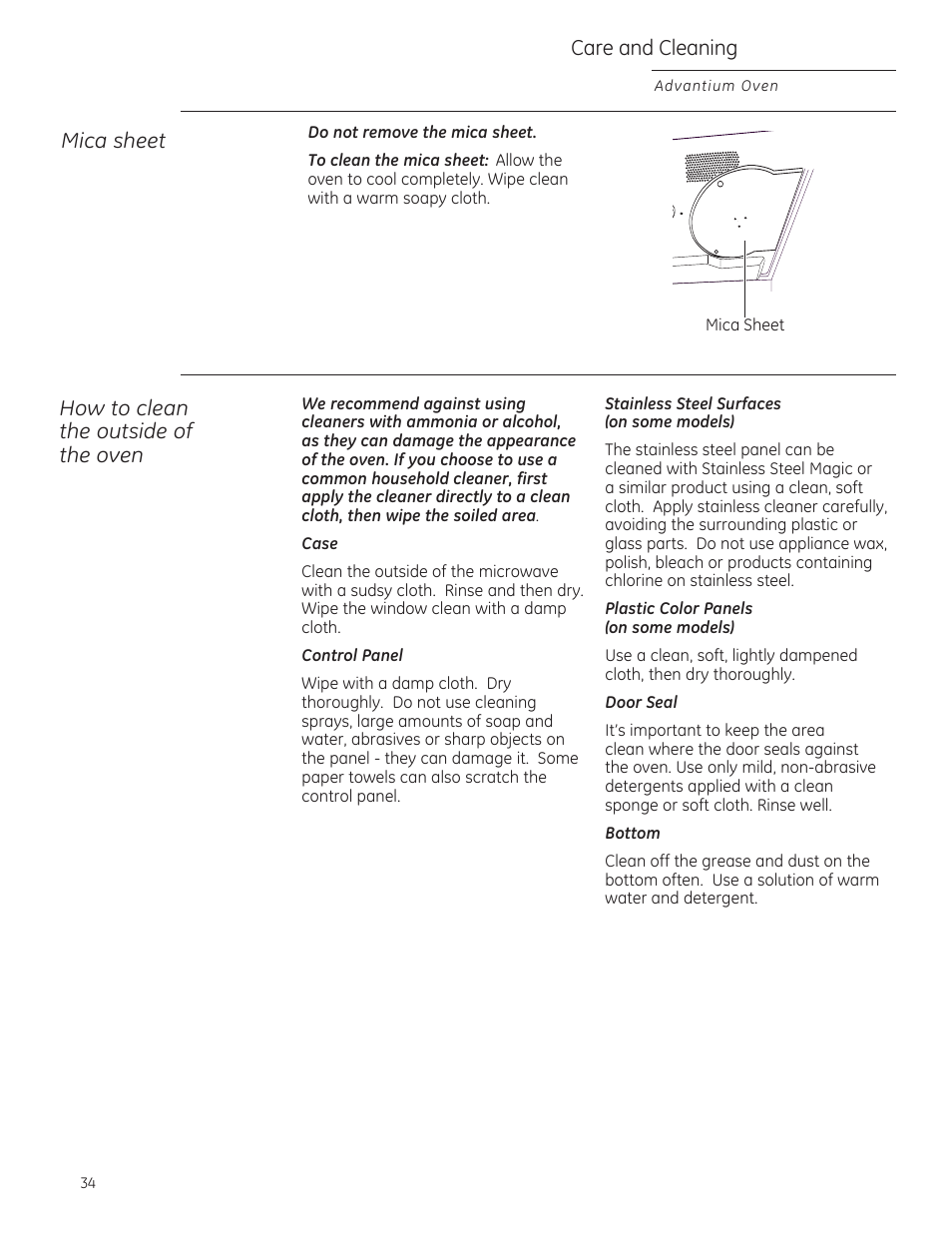 Mica sheet, How to clean the outside of the oven, Саге and cleaning | GE ZSA1202RSS User Manual | Page 34 / 80