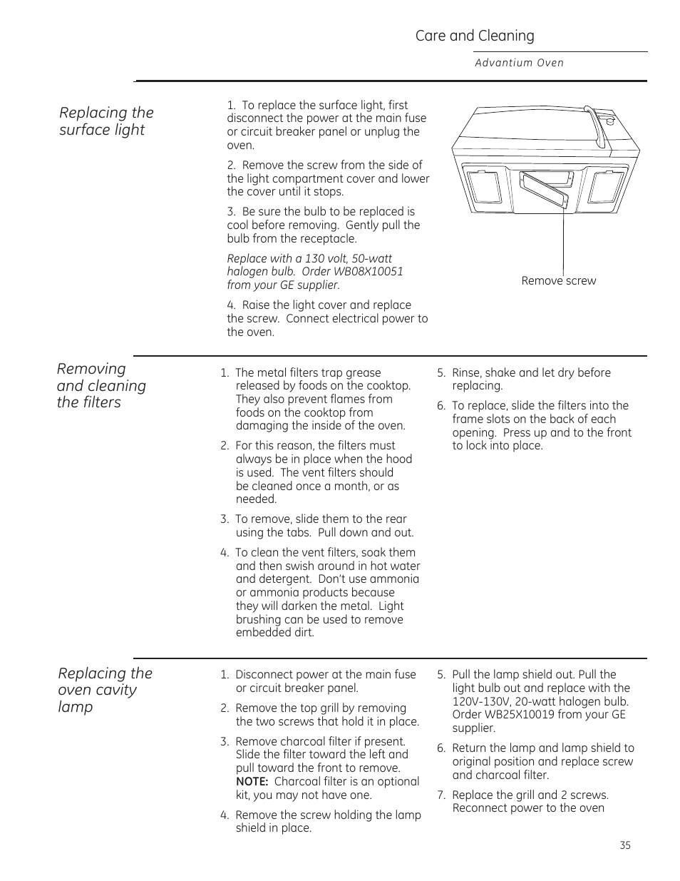 Replacing the surface light, Remaving and cleaning the filters, Replacing the aven cavity lamp | Саге and cleaning | GE ZSA1202RSS User Manual | Page 35 / 80