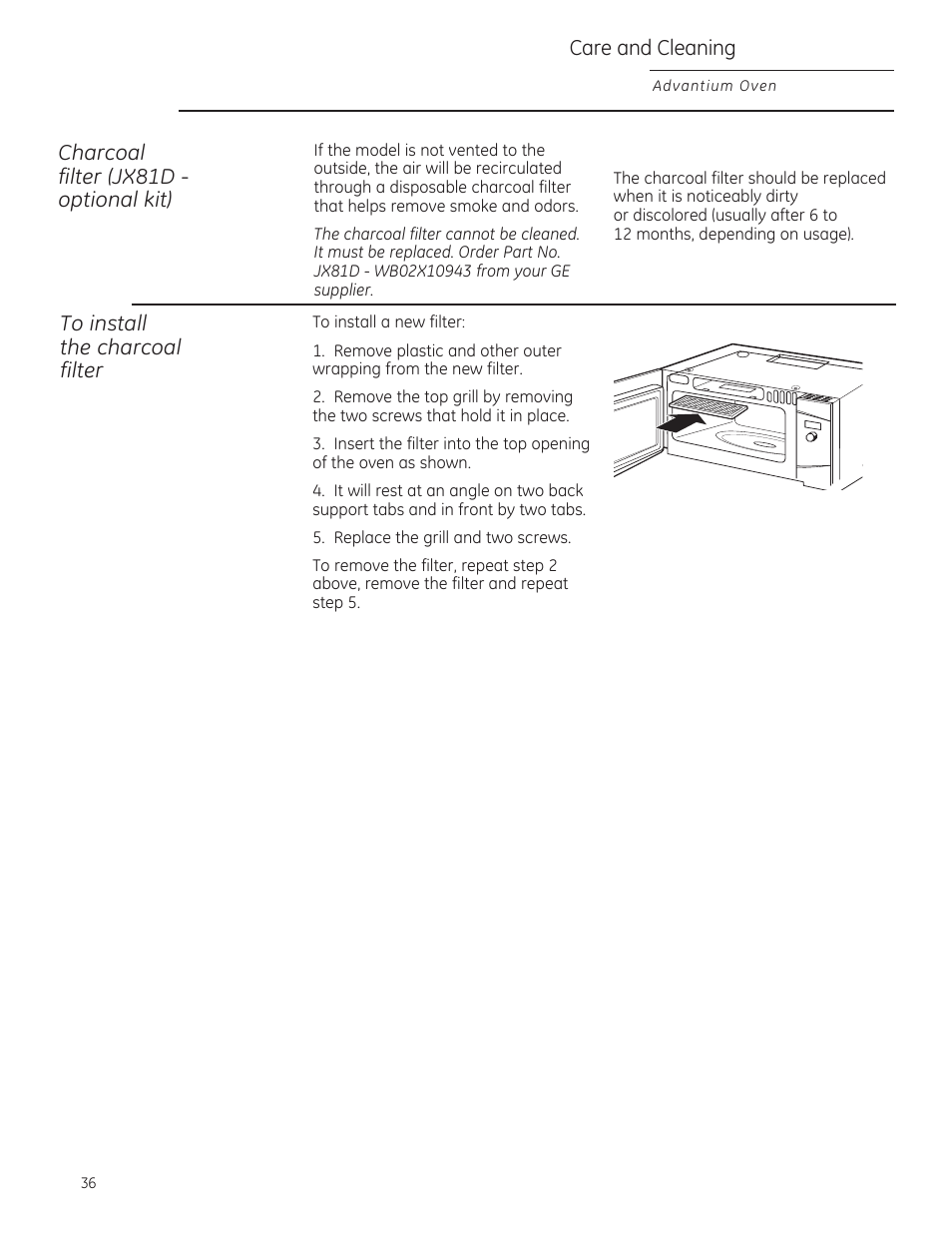 Charcoal filter (jx81d optional kit), Саге and cleaning | GE ZSA1202RSS User Manual | Page 36 / 80