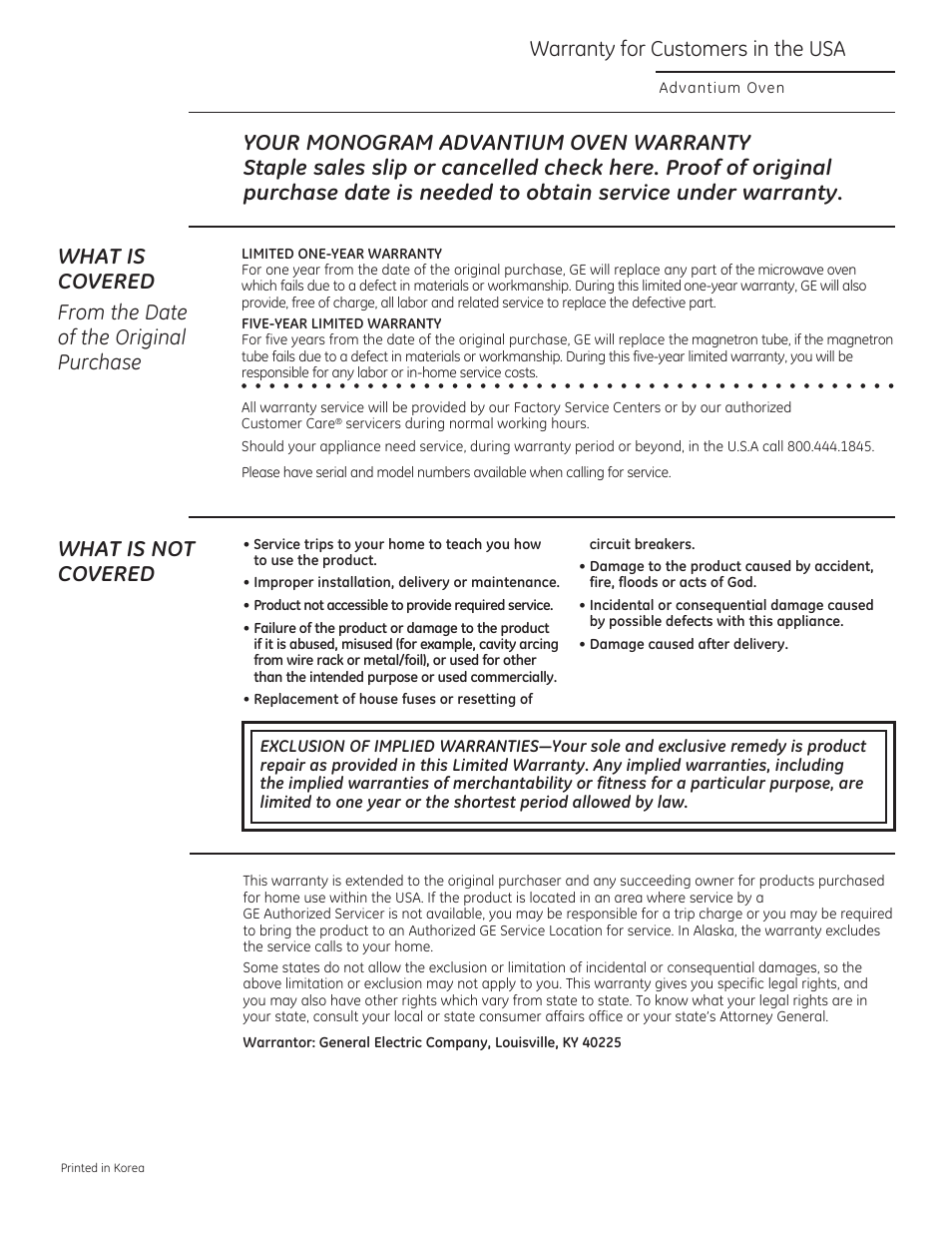 What is not covered, Warranty for customers in the usa | GE ZSA1202RSS User Manual | Page 40 / 80